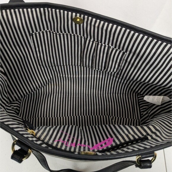 Luv Betsey Johnson Black White Striped Glitter Pink Heart Bow Tote Bag - Picture 8 of 11